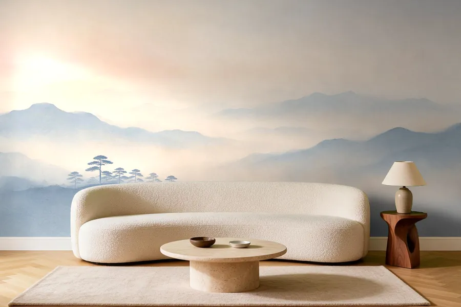 The same living room with a mural on the wall