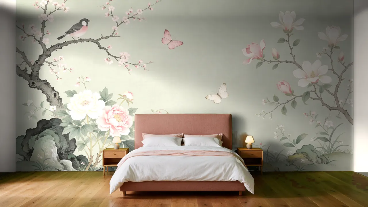 A room with the Celadon Garden mural on the wall