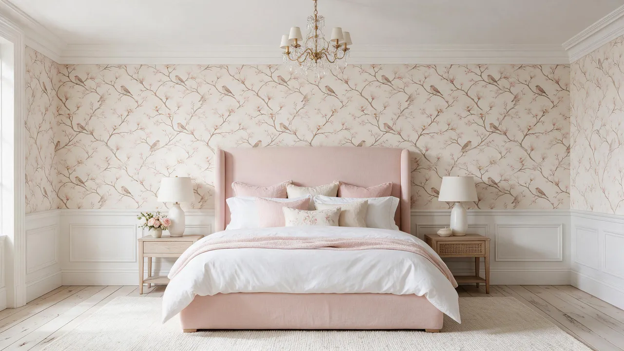 A bedroom with the Ivory Blossom wallpaper on the wall