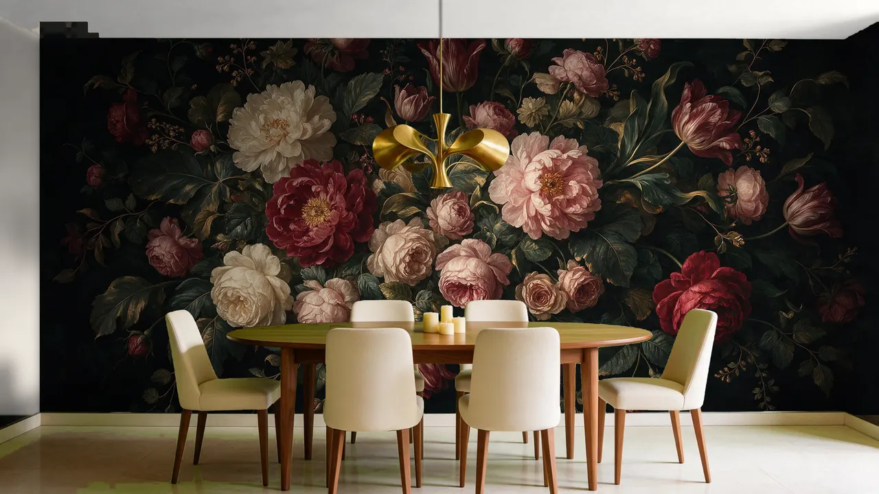 Dining room with the Midnight Bloom mural by Clara Wren