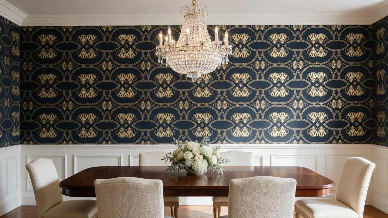 A dining room with the Gilded Fan wallpaper on the walls