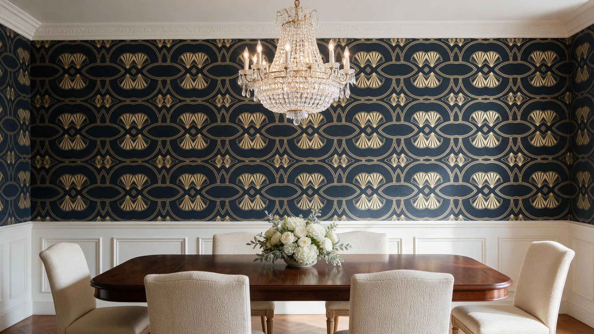 Dining room with the Gilded Fan wallpaper by Rafael Ortiz on the walls
