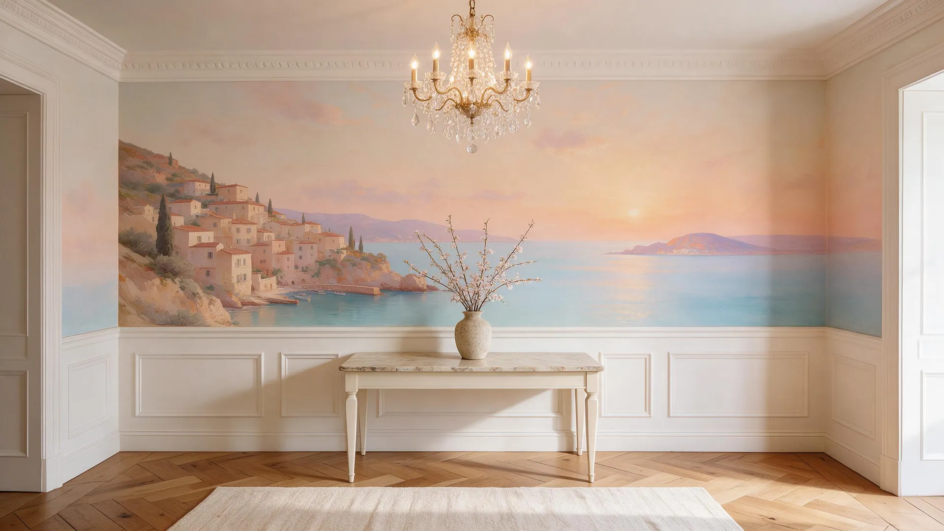 Entry hall with the Golden Coast mural by Noor Haddad on the wall