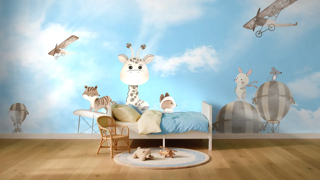 A room with the Little Aviators mural on the wall
