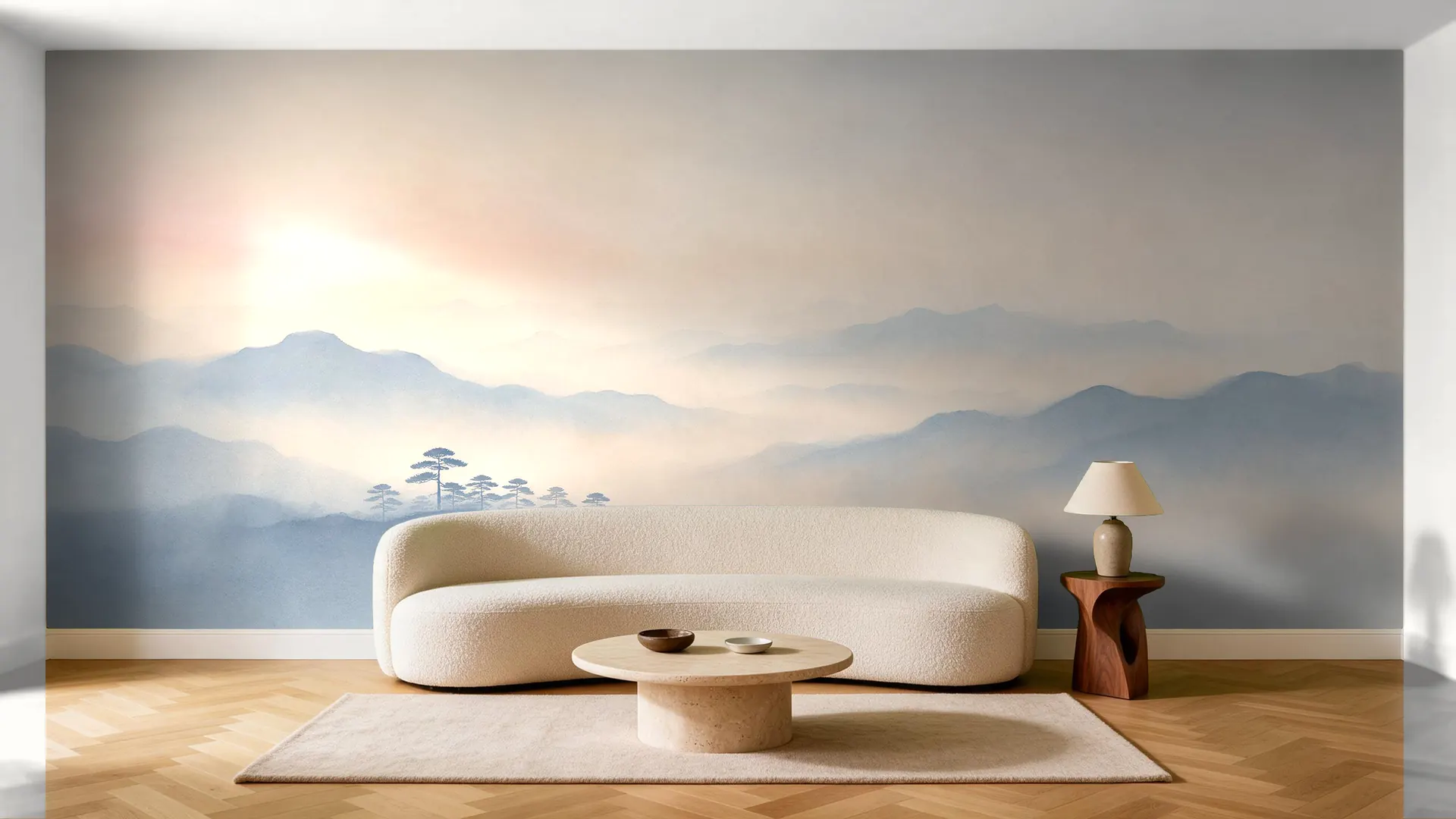 Living room with the Morning Ridge mural by Theo Ashby on the wall